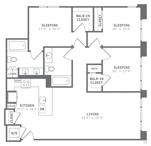 Floor plan for 3 beds, 2 baths, 1230 sqft